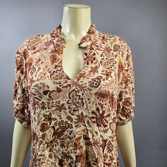 Olivaceous Brown and Tan Pleated Tunic with Mandarin Collar R7 - Picture 2 of 5